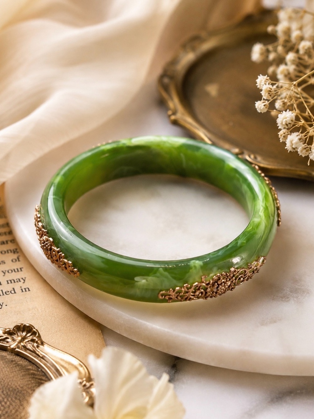 Green Jade Marbled Lucite Resin Wide Bangle Bracelet with Gold Filigree